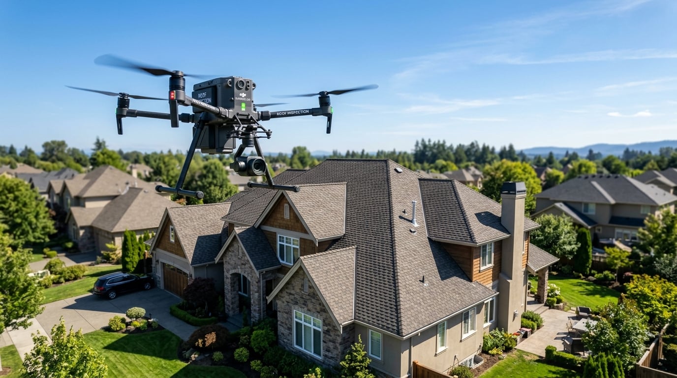 Professional drone flying over a residential property for roof measurement